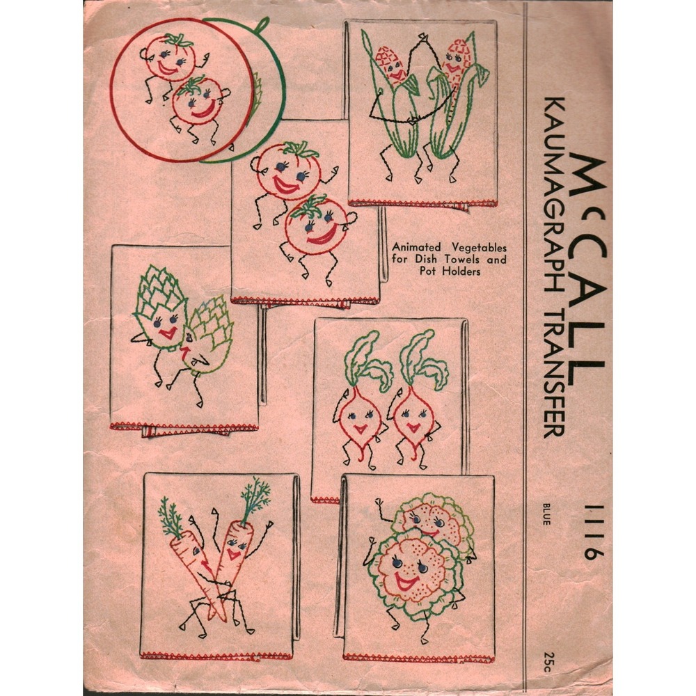 Vintage McCall 1116 Kaumagraph Transfer Animated Vegetables Dish Towel Pattern